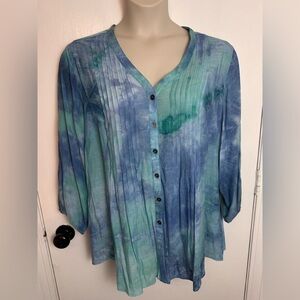 Women's watercolor long sleeve Button Up Blouse Pleated detailing 3X #1629